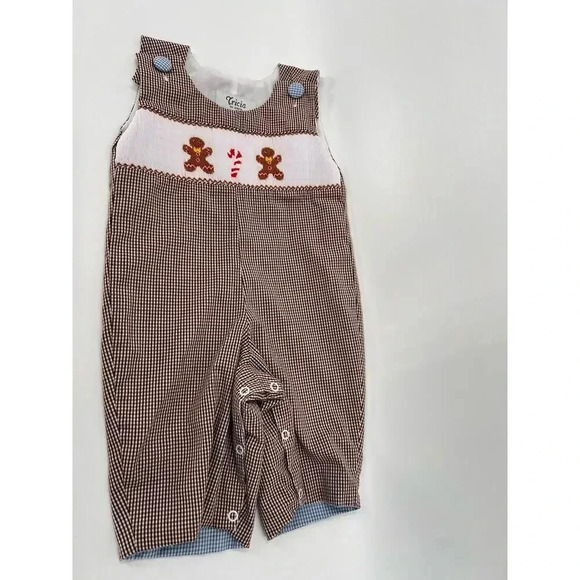 Tricia Holiday Smocked Gingerbread Men Candy Cane Overalls Brown Gingham 3 Month - Picture 7 of 13